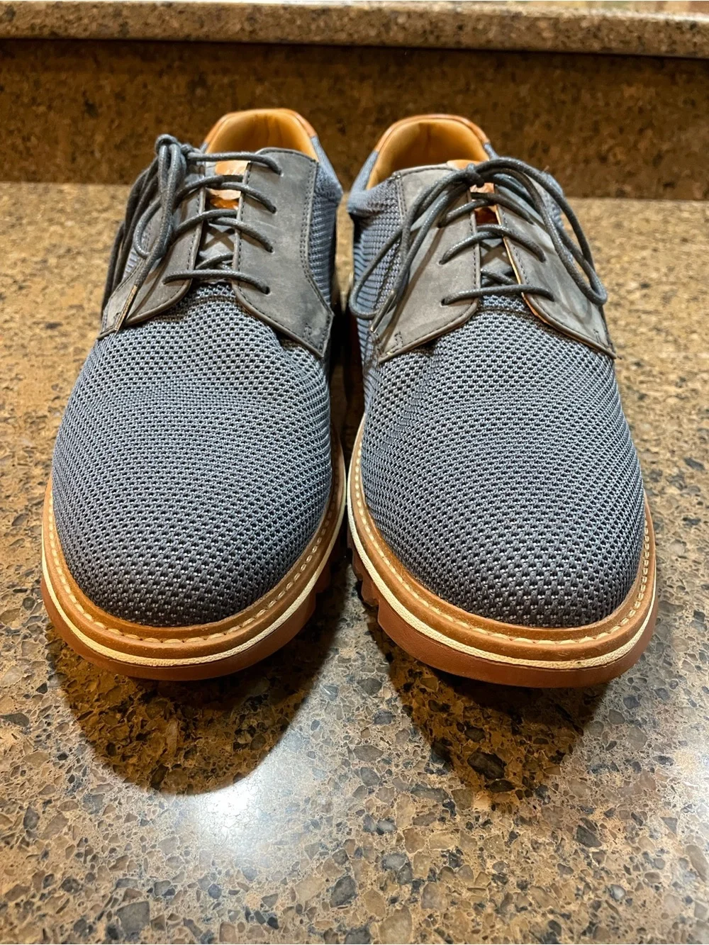 Men's Navy Knit Derby with Brown Trim — Casual Dress Shoes
